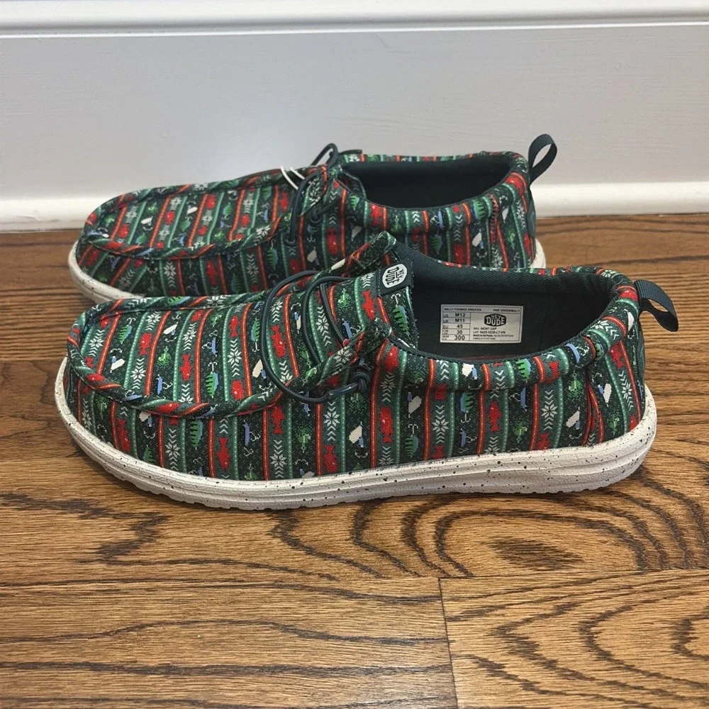 Hey Dude Wally Merry Fishmas Pine Green Christmas Sweater Shoes Men's Size 12